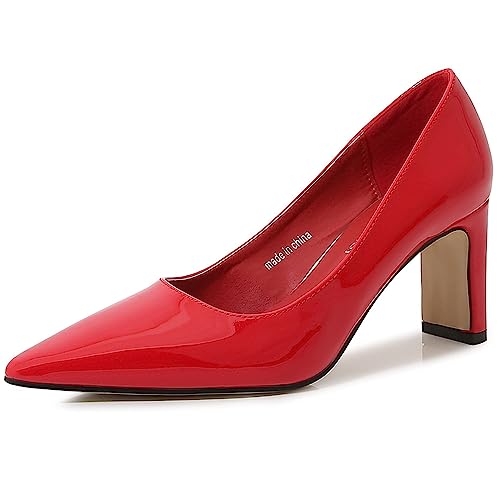 Damen-Pumps aus Lackleder, bequem, hoher Absatz, eckige geschlossene Zehenpartie, Knöchelriemen, Blockabsatz, Slip-on-Partykleid-Schuhe,Rot,43 von EXECAB