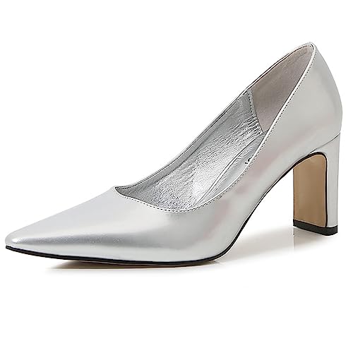 Damen-Pumps aus Lackleder, bequem, hoher Absatz, eckige geschlossene Zehenpartie, Knöchelriemen, Blockabsatz, Slip-on-Partykleid-Schuhe,Silber,46 von EXECAB