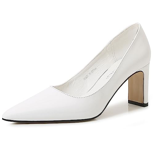 Damen-Pumps aus Lackleder, bequem, hoher Absatz, eckige geschlossene Zehenpartie, Knöchelriemen, Blockabsatz, Slip-on-Partykleid-Schuhe,Weiß,46 von EXECAB