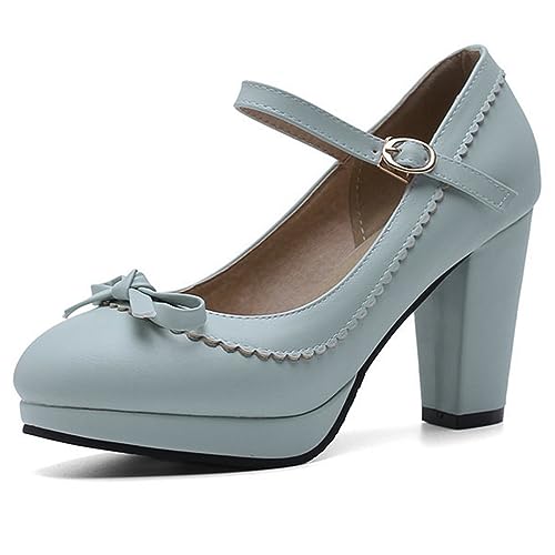Damen-Schuhe mit Plateausohle, hohem, klobigem Absatz und Schleife, Damen-Pumps mit runder Zehenpartie, modisches Knöchelriemenkleid, Bequeme Pumps,Blau,47 EU von EXECAB