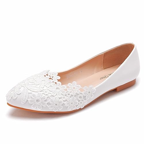 EXECAB Ballerinas zum Hineinschlüpfen für Damen, Spitze, Hochzeit, Flache Schuhe, Spitze Zehenpartie, geschlossene Zehenpartie, Hochzeitsfeier, Kleid, Bequeme Schuhe,Weiß,39 EU von EXECAB