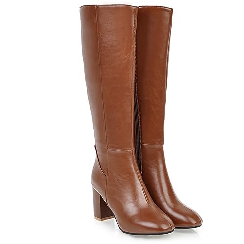 EXECAB Damen-Kniehohe Stiefel mit klobigem Absatz, spitzer Zehenbereich, quadratischer mittelhoher Reitstiefel, Combat Knight, Lange Stiefeletten mit seitlichem Reißverschluss, PU-Leder,Braun,37 EU von EXECAB