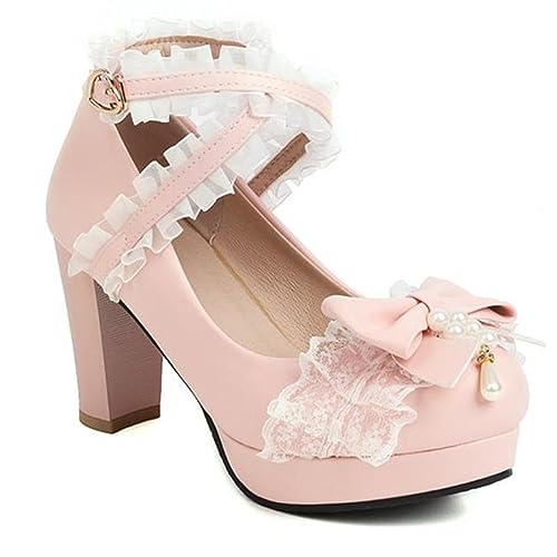 EXECAB Damen Mary-Jane-Schuhe mit Absatz, Goth-Plattform, Lolita-Schuhe, runde Zehen, Knöchel-Oxfords, Damen-Freizeitschuhe,Rosa,48 EU von EXECAB