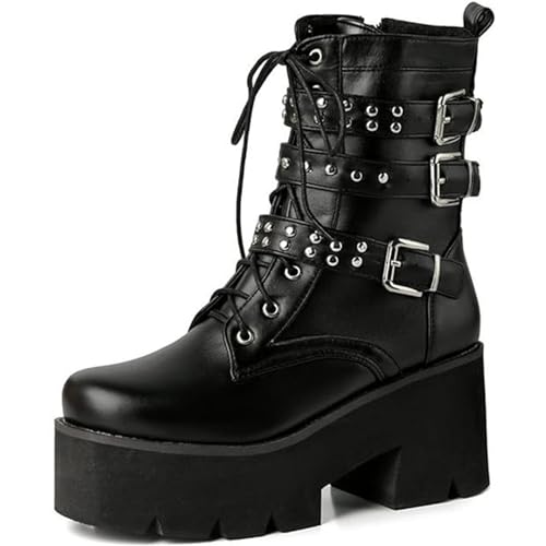 EXECAB Damen-Stiefeletten zum Schnüren, Gothic-Punk-Stil, Nieten, Knöchelriemen, Metallschnalle, Plateau, Blockabsatz, Biker-Stiefeletten,Schwarz,45 EU von EXECAB