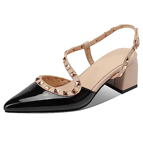 EXECAB Nietenpumps für Damen, sexy, spitze, geschlossene Zehen-Sandalen, Blockabsatz, Slingback-Stil, niedriger Blockabsatz, Riemchen-Hochzeitspumps,Schwarz,38 von EXECAB