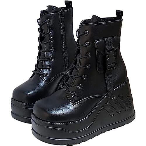 EXECAB Plateauschuhe mit hohem Absatz für Damen, 8 cm Gothic-Plateau-Stiefel mit Keilabsatz, Punk-Stiefeletten mit seitlichem Reißverschluss, Schwarze Motorrad-Kampfstiefel,Schwarz,39 von EXECAB
