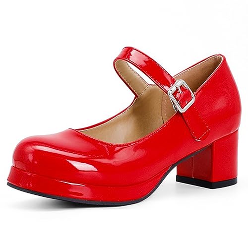 Frauen mittlere Absätze Lolita Schuhe Riemen Mary-Janes Schuhe Mädchen Heels Pumps Party Tanzschuhe Damen,Rot,38 EU von EXECAB