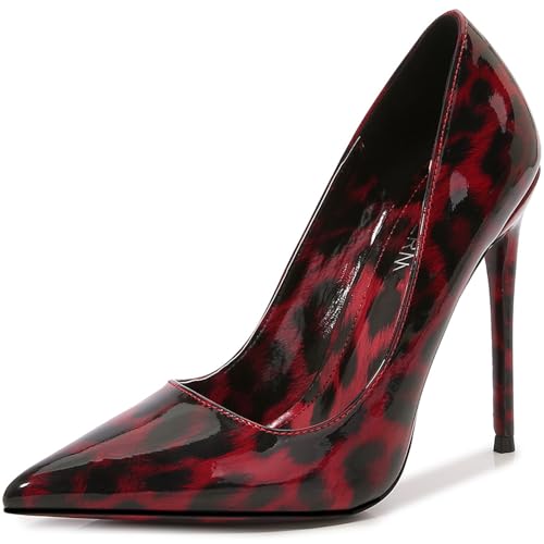 Womens Leopard Print Pumps,12cm Pointed Toe Stiletto High Heels Patent Leder Closed Toe Slip on Pumps Bridal Party Dress Evening Wedding Shoes,Rot,44 von EXECAB