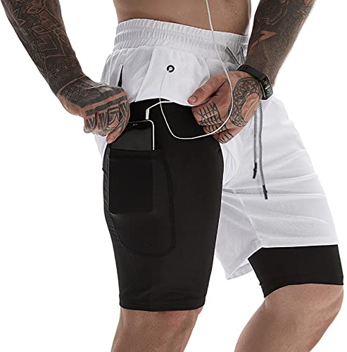 EXEKE Herren 2 in 1 Laufshorts Quick Dry Gym Workout Athletic Shorts mit Taschen, Weiß, Klein von EXEKE