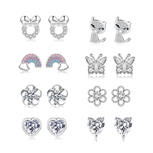 EXGOX 8Paare Hypoallergen Ohrstecker Silber925 Damen Mädchen Tiny Ohrstecker Silber AAAAA Zirkonia SterlingSilber Ohrringe Set Schmetterling Silber Ohrringe Mädchen von EXGOX