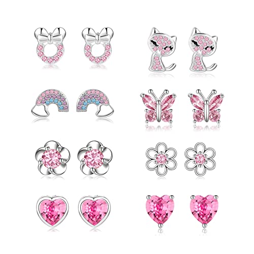 EXGOX 8Paare Hypoallergen Ohrstecker Silber925 Damen Mädchen Tiny Ohrstecker Silber AAAAA Zirkonia SterlingSilber Ohrringe Set Schmetterling Silber Ohrringe Mädchen von EXGOX