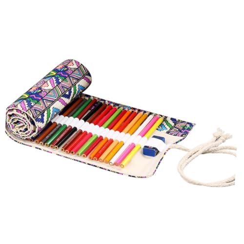 EXHUMKY Handgefertigte Ethno Stil Canvas Stifterolle mit Löchern Große Kapazität Federmäppchen Praktischer Rollenhalter für Stifte und Buntstifte Robustes Material für Künstler und von EXHUMKY