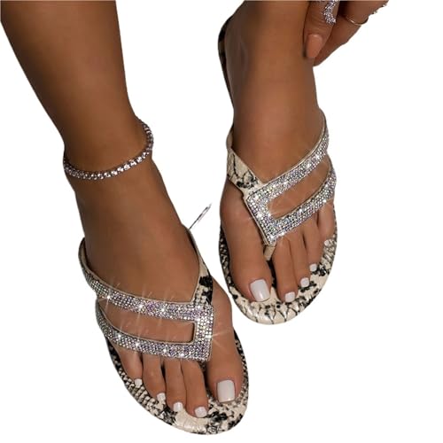 EXKURPOO Damen Sandalen Damenschuhe Strandsandalen Slider Strass Flache Unterseite Flip Flops Casual Hausschuhe(Beige,40) von EXKURPOO