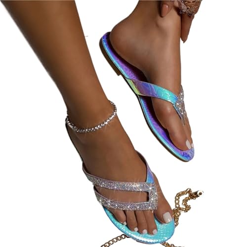 EXKURPOO Damen Sandalen Damenschuhe Strandsandalen Slider Strass Flache Unterseite Flip Flops Casual Hausschuhe(Multicolor,36) von EXKURPOO
