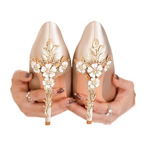 EXKURPOO Hochzeitsschuhe für Frauen Metal Flower Women Pumps Shoes High Heels Satin Stiletto Wedding(Light Gold-7.5cm,39) von EXKURPOO