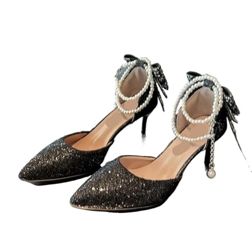 EXKURPOO Hochzeitsschuhe für Frauen Pointy Shallow Mouth Temperament Elegant Sequin Bow High Heels Women's Fine Heel Pearl Line(Black7cm,35) von EXKURPOO