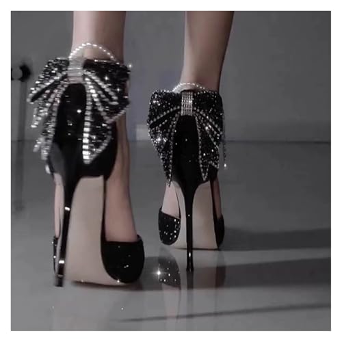EXKURPOO Hochzeitsschuhe für Frauen Pointy Shallow Mouth Temperament Elegant Sequin Bow High Heels Women's Fine Heel Pearl Line(Black9cm,35) von EXKURPOO