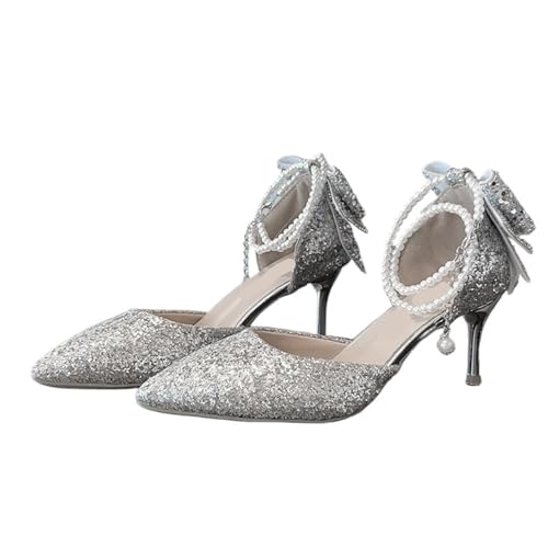 EXKURPOO Hochzeitsschuhe für Frauen Pointy Shallow Mouth Temperament Elegant Sequin Bow High Heels Women's Fine Heel Pearl Line(Silver7cm,40) von EXKURPOO