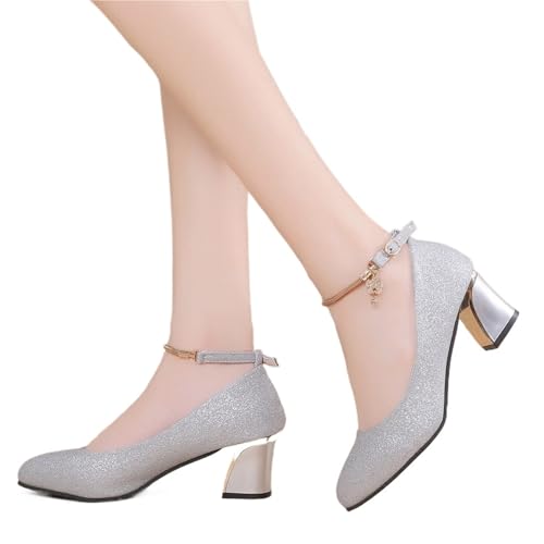 EXKURPOO Hochzeitsschuhe für Frauen Women High Heels Women's Solid Toe Shoes Chunky Round Wedding Tie Up(Silver,34) von EXKURPOO