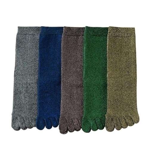 EXKURPOO Zehensocken 5 Paar glänzende Glitzersocken for Damen, Fünf-Finger-Crew-Socken, süße Zehensocken mit separatem Finger, Mittelrohr(5 pairs mix) von EXKURPOO