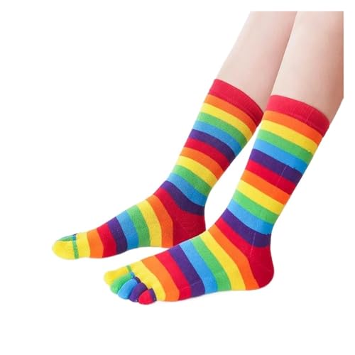 EXKURPOO Zehensocken Regenbogensocken mit geteilter Spitze for Damen und Mädchen, bunt gestreift, 5-Finger-Socken aus Baumwolle, leuchtende Farben, junge, fröhliche Socken Zehen(Long socks) von EXKURPOO