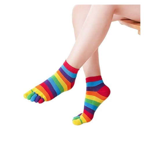 EXKURPOO Zehensocken Regenbogensocken mit geteilter Spitze for Damen und Mädchen, bunt gestreift, 5-Finger-Socken aus Baumwolle, leuchtende Farben, junge, fröhliche Socken Zehen(Low Socks) von EXKURPOO