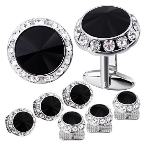 Manschettenknöpfe Birthstone Tuxedo Studs and Cufflinks Set Mens Suit Tuxedo Formal Dress Shirt(Black Crytal) von EXKURPOO