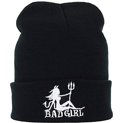 Bad Girl Strickmütze Biker Lady Rocker Girl Streetwear Geschenk für Beste Freundin böses Mädchen Wintermütze/Wollmütze/Haube Damen Unisex Rollmütze SCHWARZ Beanie Cap OneSize von EXPRESS-STICKEREI