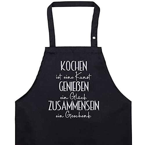 EXPRESS-STICKEREI Designer Kochschürze bestickt mit Spruch Kochen Genießen Zusammensein Küchenschürze Größen verstellbar mit Fronttasche für Frauen Männer onesize Grillschürze Sporttasche von EXPRESS-STICKEREI