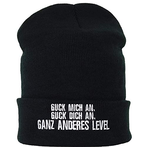 EXPRESS-STICKEREI Haube mit Spruch Guck Mich an, guck Dich an, ganz anderes Level - Beanie für Damen und Herren - Warme Wintermütze mit Spruch - Lustige Strickmütze - Unisex Wollmütze von EXPRESS-STICKEREI