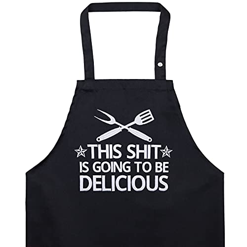 EXPRESS-STICKEREI Kochschürze Damen/Männer mit lustigem Spruch: THIS SHIT is going to be DELICIOUS Schürze bestickt mit Tasche Küchen-Schürze verstellbar Herren - Geschenk für Grill-Fans von EXPRESS-STICKEREI