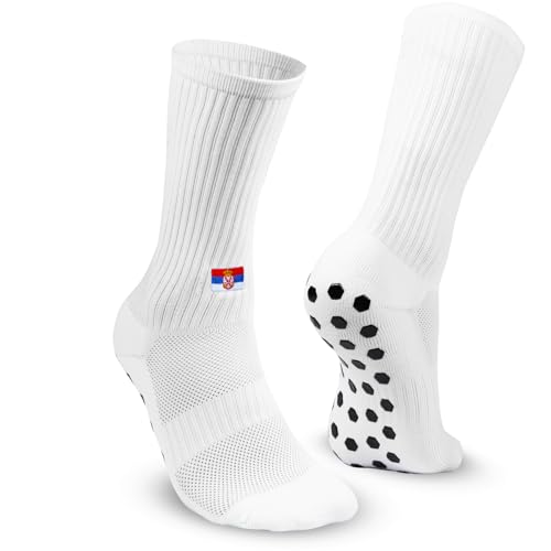 EXPRESS-STICKEREI Sportsocken mit Landesflagge (Serbien) - Atmungsaktive Fußballsocken - Anti Rutsch Socken mit Landesfahne - Outdoor-Socken - Größe 39-45 von EXPRESS-STICKEREI