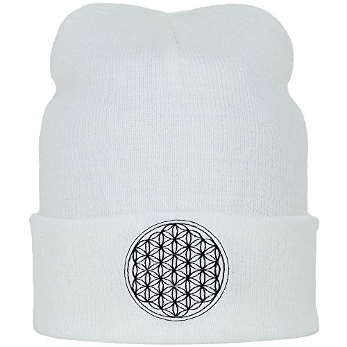 EXPRESS-STICKEREI Yoga Beanie Mütze Lebensblume Yoga Accessoire Sport Zubehör | Flower of Life Decoration Strickmütze Wintermütze Outdoor Beanie Cap Feng Shui Dekoration | OneSize | weiß von EXPRESS-STICKEREI