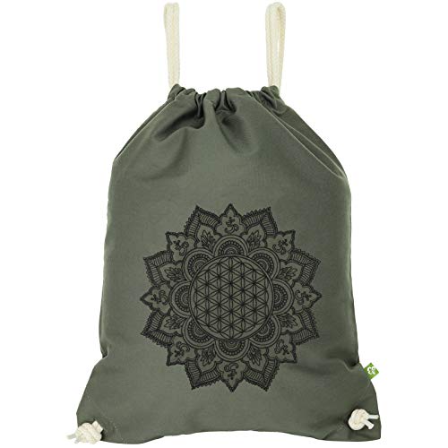 EXPRESS-STICKEREI Yoga Turnbeutel mit Mandala Mädchen Sportbeutel mit Lebensblume Gymsack für Frauen/Männer Gym Bag robuste Beuteltasche mit Kordelzug Kinder Rucksack wasserdicht beige von EXPRESS-STICKEREI