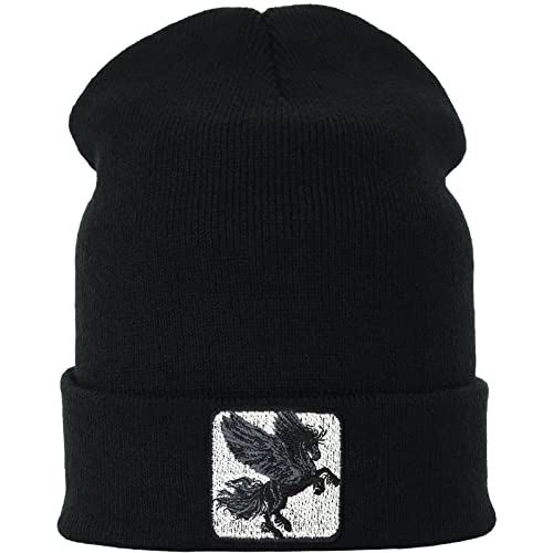 Reitsport Strickmütze Pegasus - Premium Reiter Mütze schwarzer Pegasus Wintermütze laufende Pferde Stickerei Beanie für Pferdeliebhaber Unisex OneSize Wollmütze mit Krempe von EXPRESS-STICKEREI