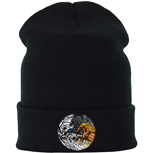 Reitsport Strickmütze galoppierende Pferde - Premium Reiter Mütze Reitpferde Wintermütze laufende Pferde Stickerei Beanie für Pferdeliebhaber Unisex OneSize Wollmütze mit Krempe von EXPRESS-STICKEREI