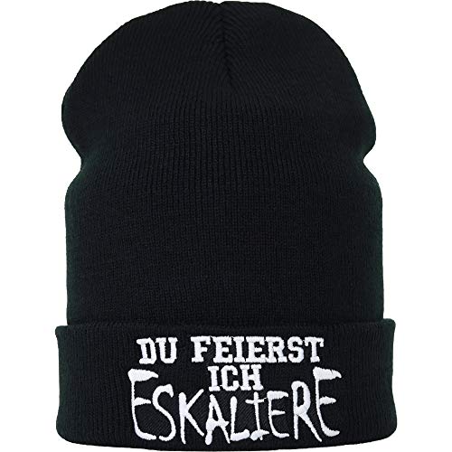 EXPRESS-STICKEREI Festival Beanie Mütze Du feierst - Ich eskaliere Strickmütze mit Spruch | warme Wintermütze/Wollmütze Männer Frauen Haube/Rollmütze Unisex Beanie Cap | OneSize von EXPRESS-STICKEREI