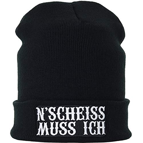 Outdoor Beanie Biker Mütze: "N'Scheiss muss ich" Biker Strickmütze mit lustigem Spruch Motorrad Zubehör Heavy Metal Wintermütze Männer Frauen Seemannsmütze/Rollmütze Beanie Cap | onesize von EXPRESS-STICKEREI