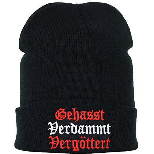 Heavy Metal Strickmütze GEHASST VERDAMMT VERGÖTTERT Outdoor Wintermütze Beanie Cap Herren Beanie Bestickt | Biker Mütze Rollmütze Rocker Seemannsmütze/Haube OneSize warme Wollmütze von EXPRESS-STICKEREI