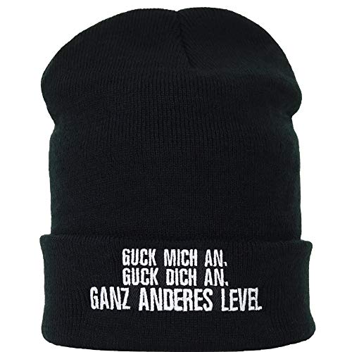 EXPRESS-STICKEREI Outdoor Beanie Mütze: Guck Mich an - Guck Dich an - Ganz anderes Level Biker Strickmütze Heavy Metal Wintermütze Männer Frauen Rollmütze Beanie Cap | OneSize von EXPRESS-STICKEREI