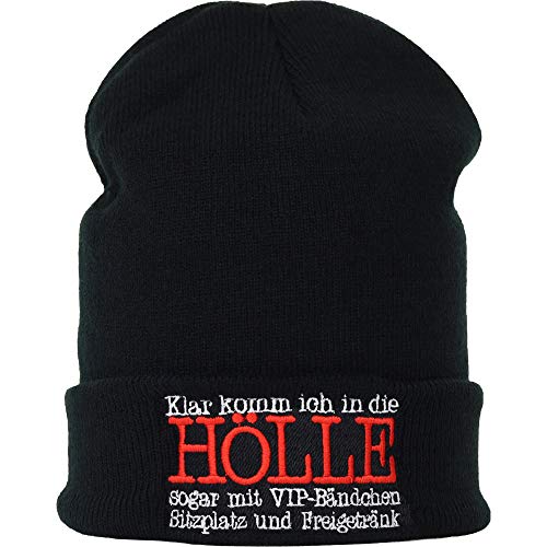 Strickmütze: Klar in die Hölle sogar mit VIP-Bändchen | Heavy Metal Wintermütze/Wollmütze Rockn Roll Biker Motorrad Punks Unisex Herren Seemannsmütze/Rollmütze Arbeitsmütze Beanie Cap von EXPRESS-STICKEREI