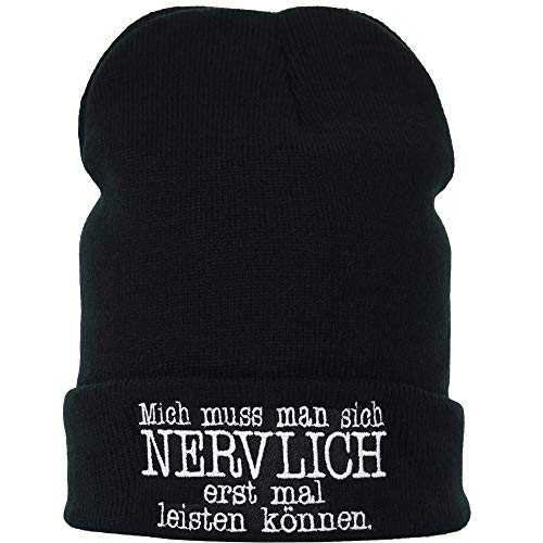 Outdoor Beanie: "Mich muss man sich nervlich erst mal leisten können" Biker Strickmütze mit lustigem Spruch Heavy Metal Wintermütze Männer Frauen Seemannsmütze/Rollmütze Beanie Cap onesize von EXPRESS-STICKEREI