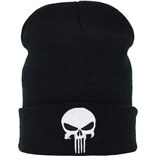 Punisher Strickmütze Streetwear Totenkopf Logo Biker/Rocker Wintermütze/Wollmütze/Haube Männer Frauen Teenager Unisex Seemannsmütze/Rollmütze SCHWARZ Beanie Cap OneSize von EXPRESS-STICKEREI