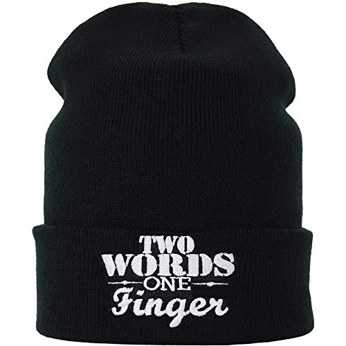 Strickmütze “Two Words-One Finger“ Mittelfinger Spruch Mütze lustig Damen/Herren/Heavy Metal Streetwear/Biker Motorrad Wintermütze/Wollmütze Männer Rollmütze Arbeitsmütze Long Beanie von EXPRESS-STICKEREI