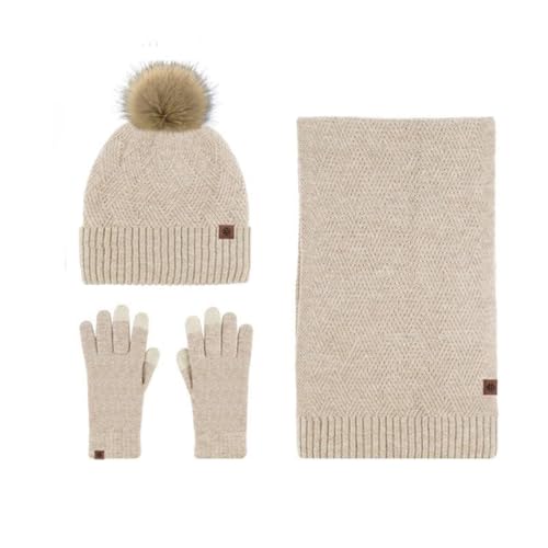 EXQUILEG Damen Beanie Mütze Mit Schal und Handschuhe Unisex Weiche Warme Strickmütze Winterset für 3-Teilig Unisex Zopfmuster Strickmütze Winter Kombi Geschenkse (Beige) von EXQUILEG