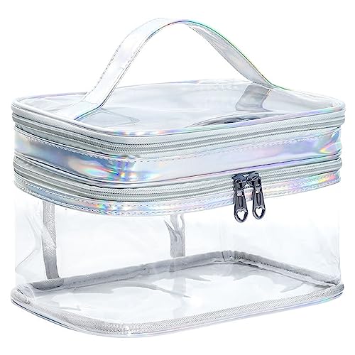 Transparent Kosmetiktasche, Kulturbeutel Doppelschichtige, Wasserdicht Reise Makeup Tasche Durchsichtiger Waschbeutel für Frauen und Mädchen (Silber)… von EXQUILEG