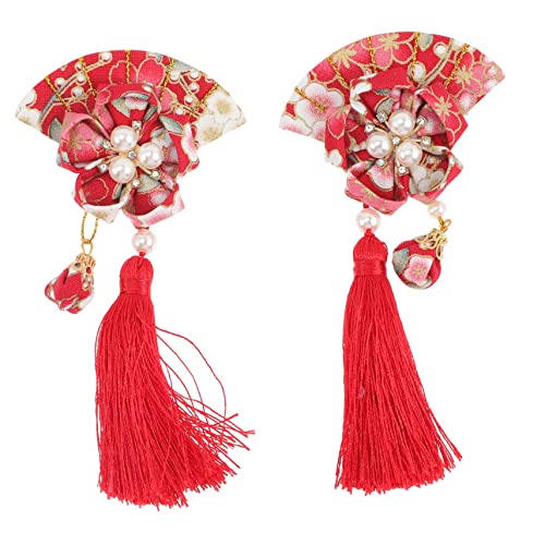 EXQUIMEUBLE 2 Stück Japanische Stoff Haarspange im Fächer Stil mit Quasten für Damen und Mädchen Haarschmuck für Hochzeiten und Besondere Anlässe von EXQUIMEUBLE