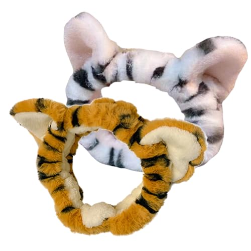 EXQUIMEUBLE 2Stücke Kawaii Plüsch Tiger Haarband Breites Make Up Stirnband für Gesichtsreinigung und Spa für Damen von EXQUIMEUBLE