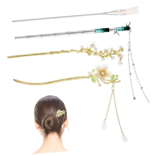 EXQUIMEUBLE 4 Stück Teiliges Chinesische Haarnadeln Vintage Haarstäbchen für Lange Haare Leichte Haarschmuck Essstäbchen für Frauen Traditioneller Asiatischer Haarpin mit Blumen und Quaste von EXQUIMEUBLE