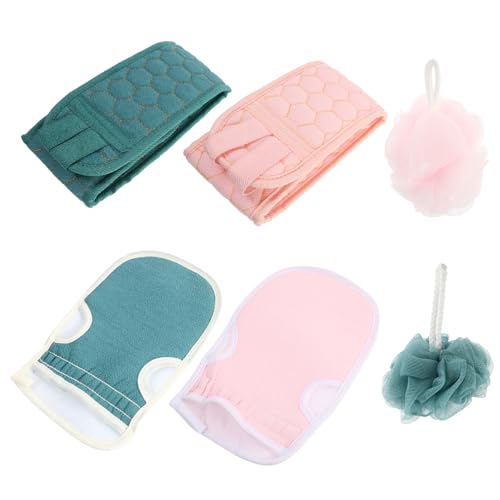 EXQUIMEUBLE 6 Stück Teiliges Peeling Duschhandschuh mit Netzball Effektives Körperpeeling und Rückenschrubber Sanfte Hautreinigung und Massage für Damen und Herren Farblich Sortiert Rosa von EXQUIMEUBLE